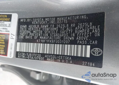 2015 Toyota Camry Se from USA, damaged, VIN 4T1BF1FK6FU031207